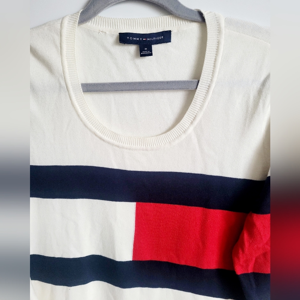 Tommy Hilfiger 100% Cotton Women's Colorblock Knit Sweater White/Red/Blue Medium - Picture 12 of 16